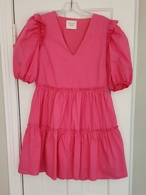 Jyacinth House Ruffle Sleeve V-Neck Kids Dress - Hot Pink